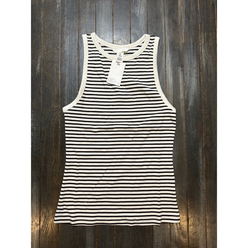 H&M Women Black White Striped Ribbed Tank Top